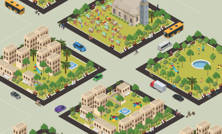 Isometric illustration showing neighbourhood blocks of happy communities, including parks, green space, housing, play areas, markets, cultural institutions and more