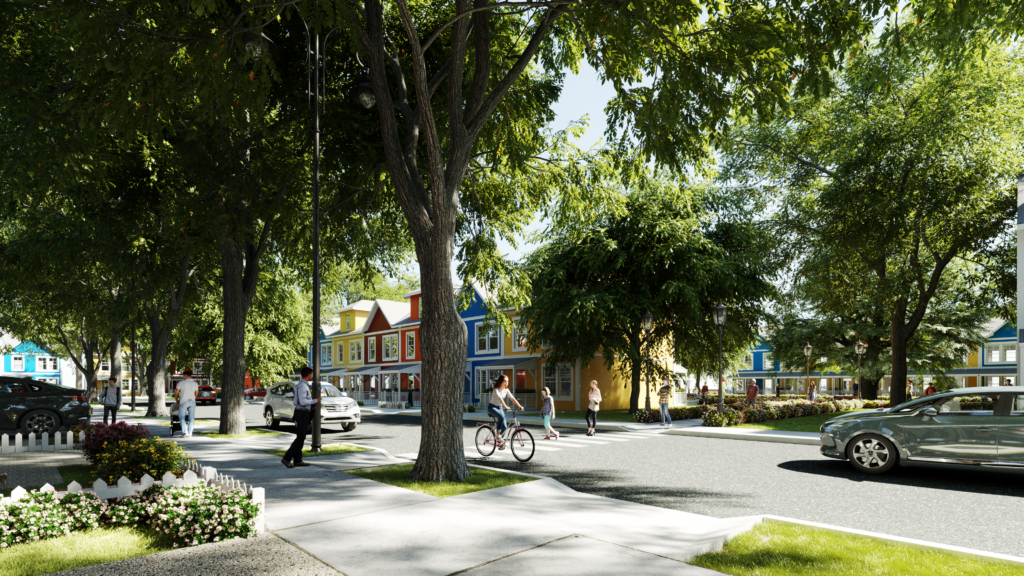 Photo rendering of the planned new community in eastern passage, showing an idyllic street scene lined with leafy trees and colourful houses. On the street, people walk and bike to get around