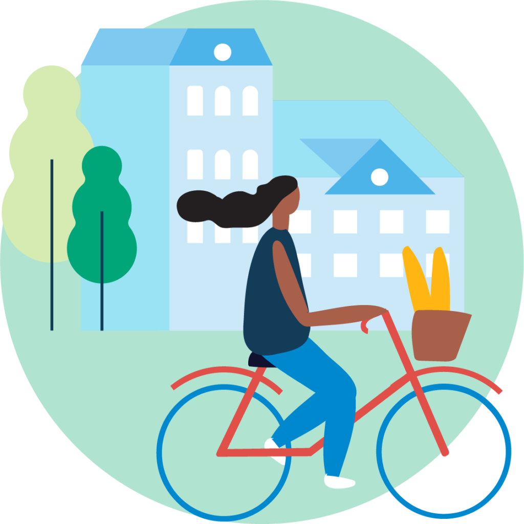 Colourful illustration in a green circle to represent "healthy communities". A woman rides her bike in front of a neighbourhood building with trees lining the street.