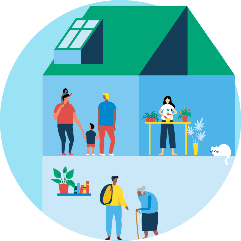 Colourful illustration in a blue circle to represent Happy Homes. The graphic shows a house with multiple rooms, where people do different activities such as growing plants. There is a family with two dads and two kids, and an elderly woman being helped by a younger person.