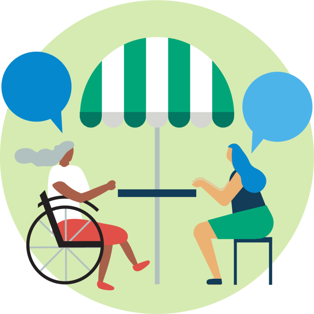 Colourful illustration in a green circle of two people sitting at a table and chatting together, to represent inclusive engagement, with a striped umbrella overhead. One of the people is using a wheelchar.