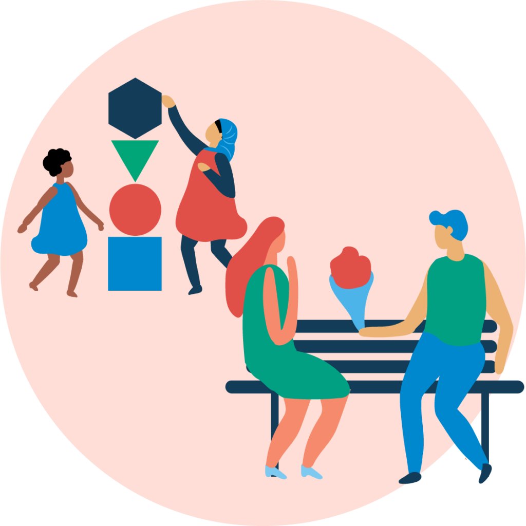 Colourful illustration in a pink circle to represent "joyful spaces". Two people sit on a bench, one is giving flowers to the other. In the background, two kids play a building blocks game together