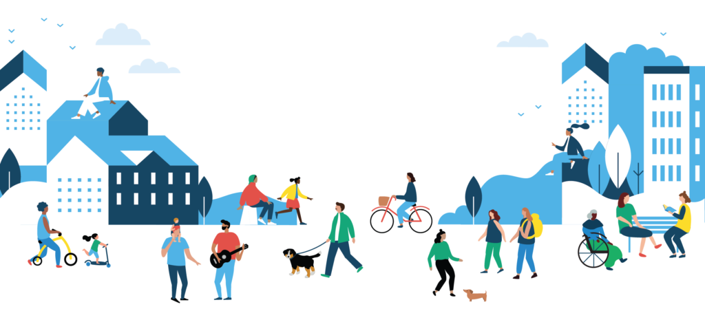 illustrated graphic showing colourful cartoon people in an urban setting, walking around, socializing, sitting, biking, and playing. in the background, there are blue silhouettes of buildings, clouds, trees, and hills